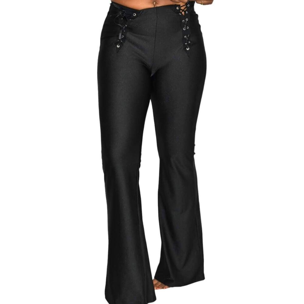 Dolls Kill Flare Pants Black Lace Up Shiny Stretch High Waist Grommet Size Small